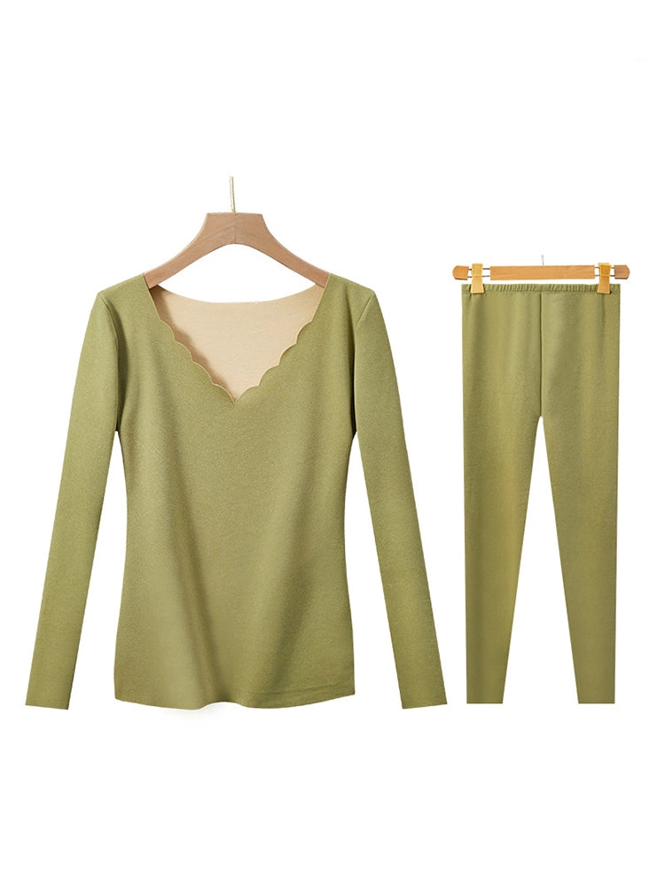 Casual Seamless V-Neck Basic Layer Thermal Sets