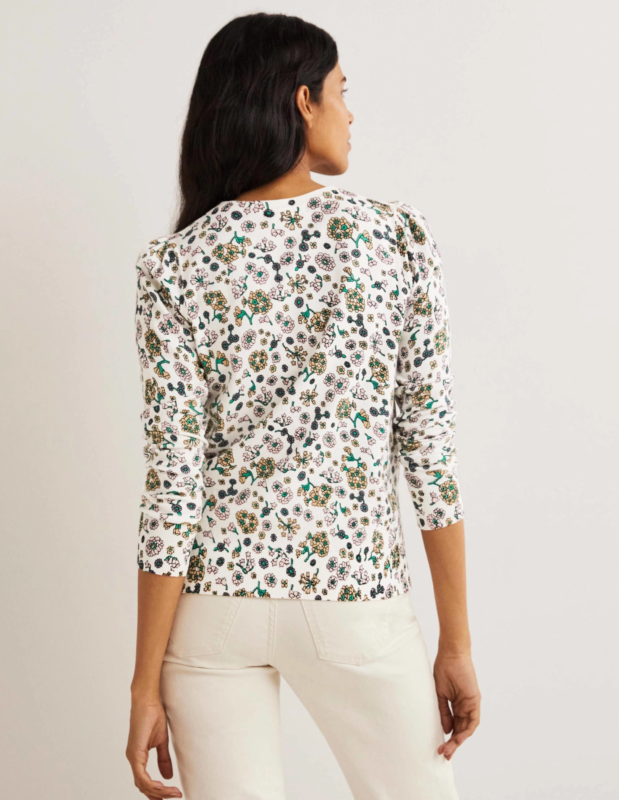 Cotton Crew Neck Cardigan-Ivory. Ditsy Charm