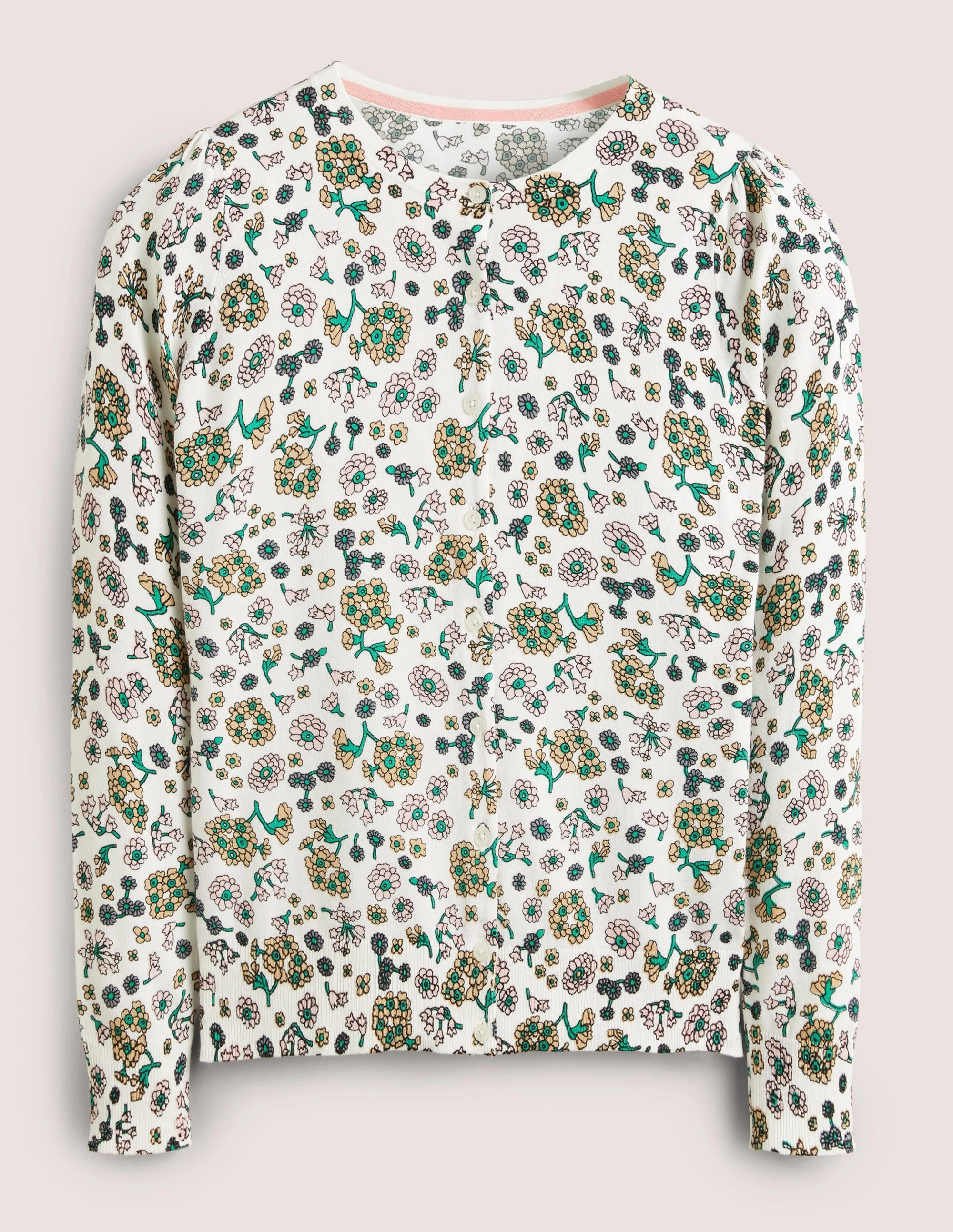 Cotton Crew Neck Cardigan-Ivory. Ditsy Charm