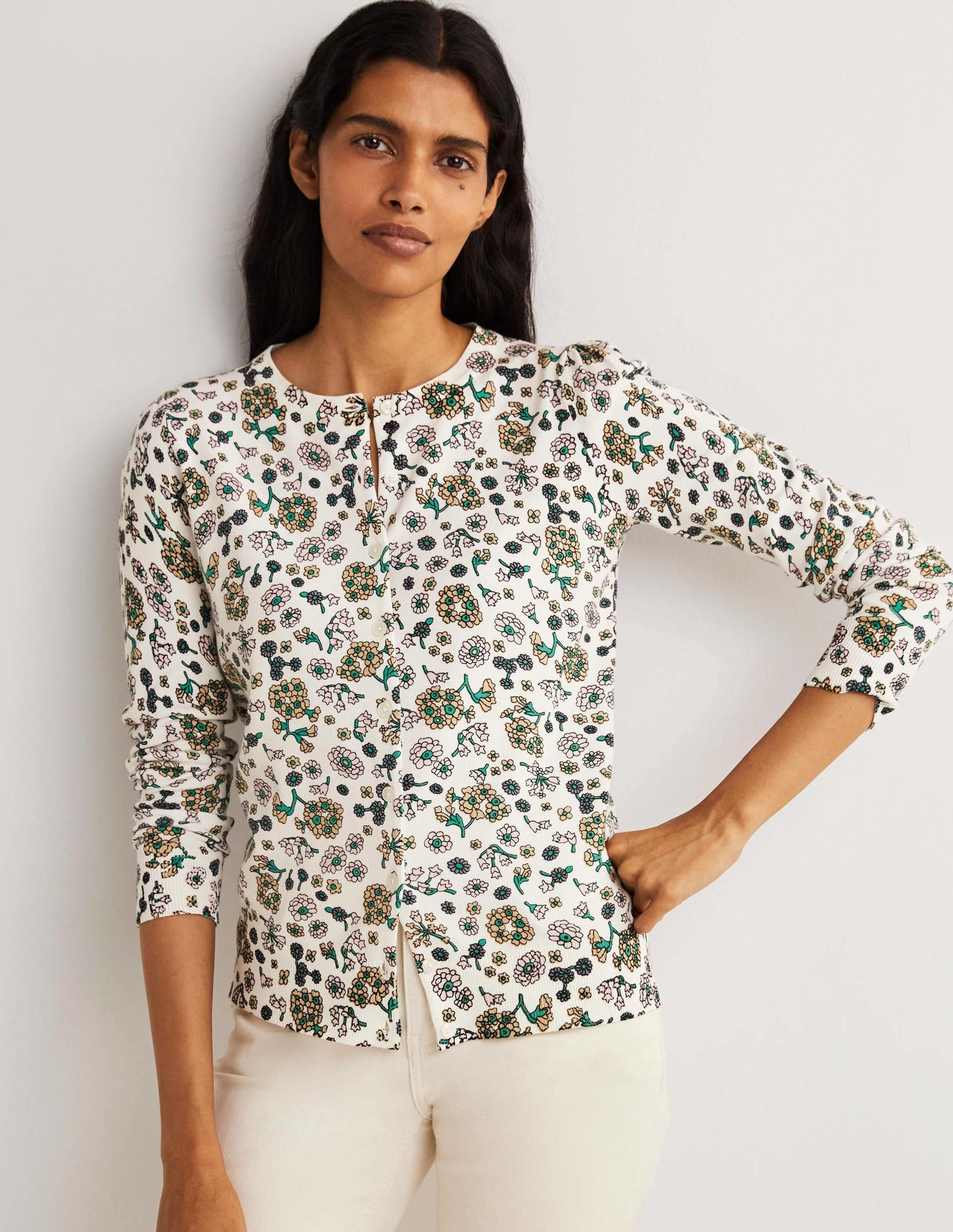 Cotton Crew Neck Cardigan-Ivory. Ditsy Charm