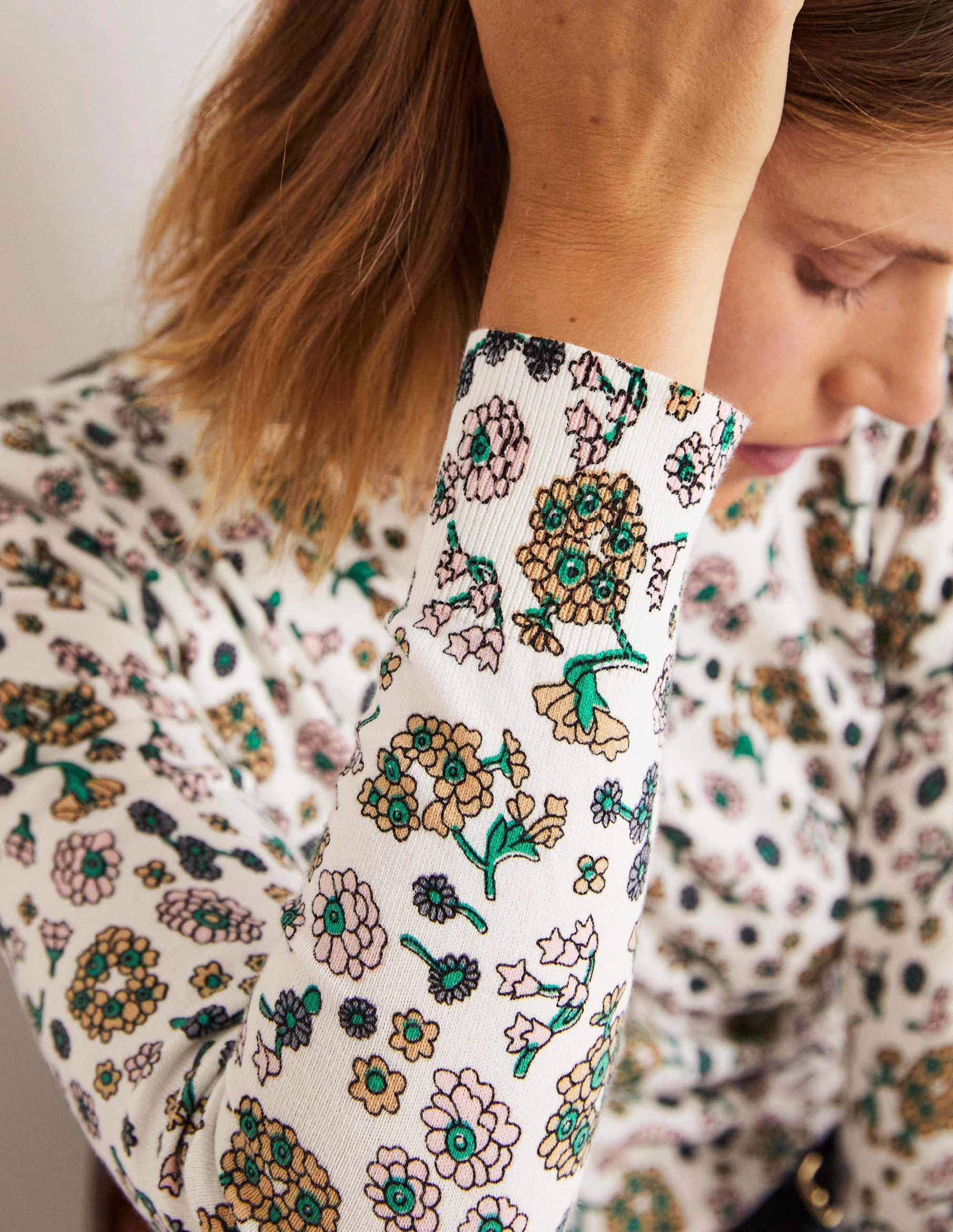 Cotton Crew Neck Jumper-Ivory. Ditsy Charm