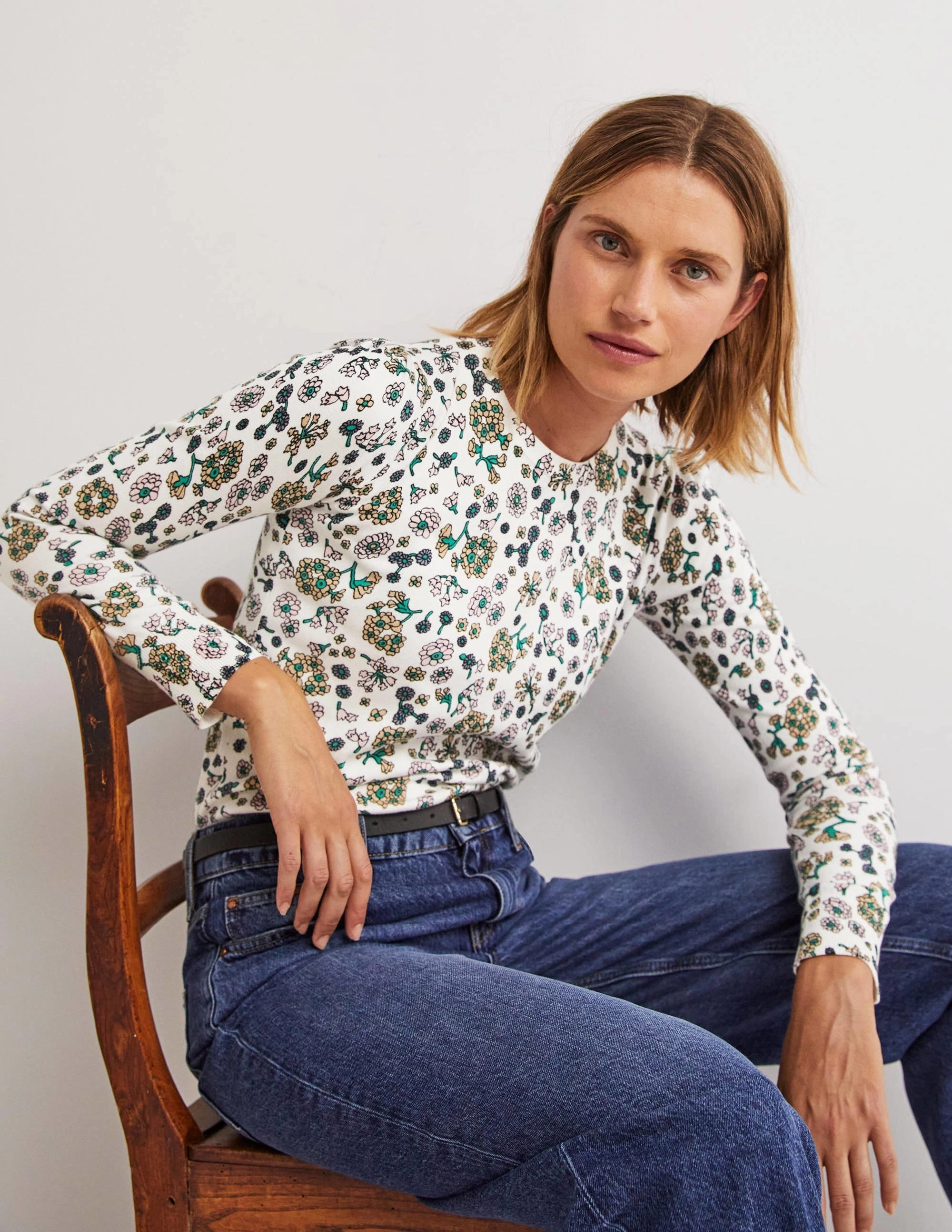 Cotton Crew Neck Jumper-Ivory. Ditsy Charm