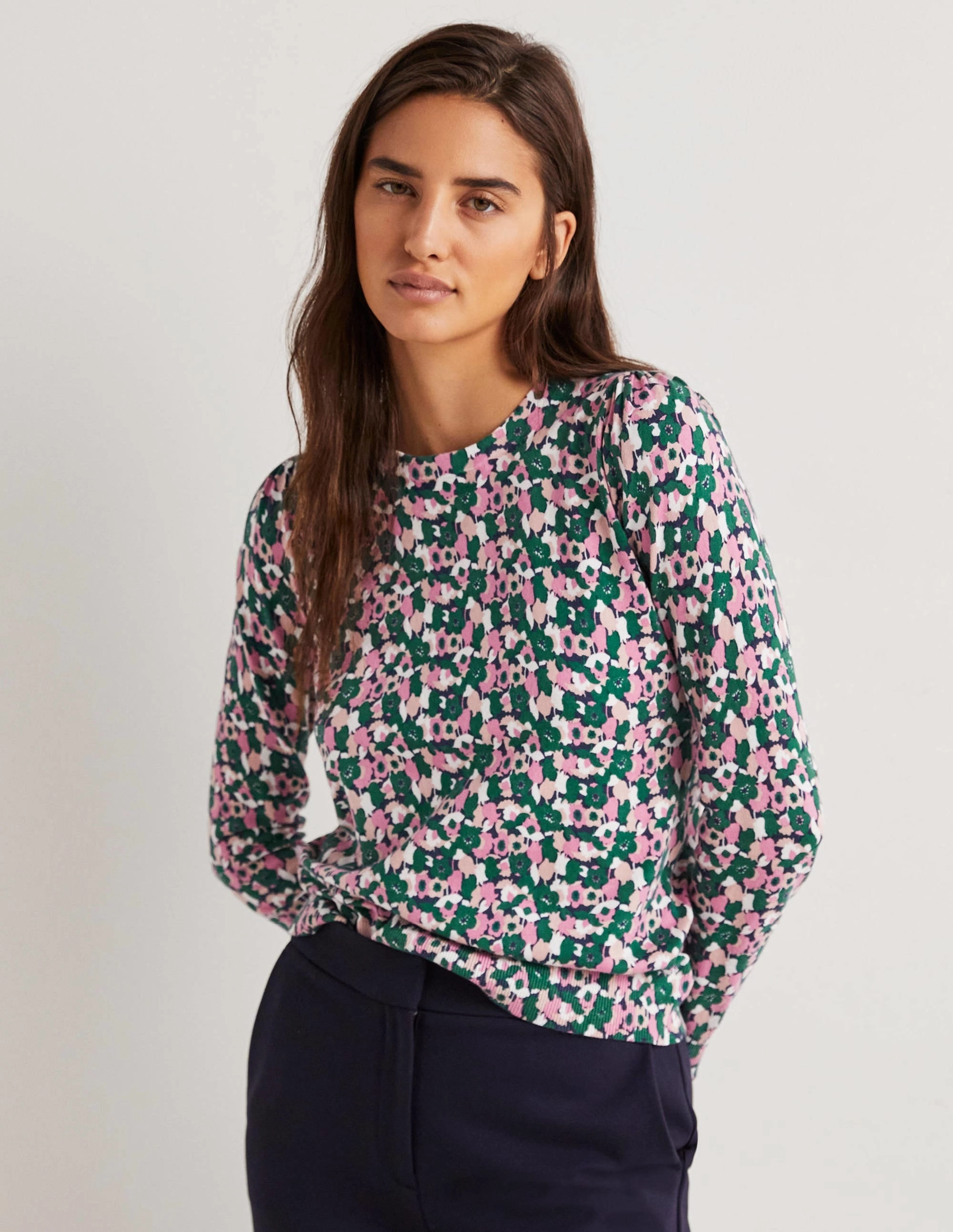 Cotton Crew Neck Jumper-Wild Rose. Tulip Cluster