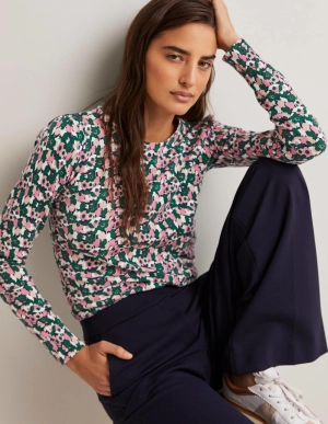 Cotton Crew Neck Jumper-Wild Rose. Tulip Cluster
