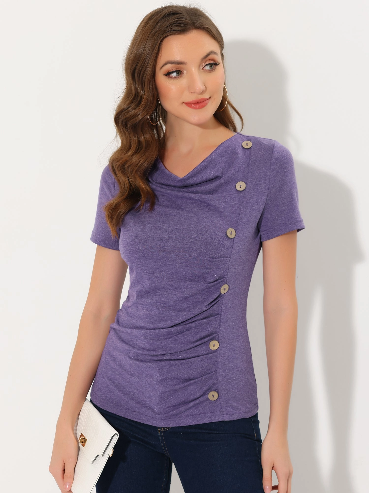 Cowl Neck Short Sleeve Casual Basic Solid Knitted Buttons Decor Ruched Top