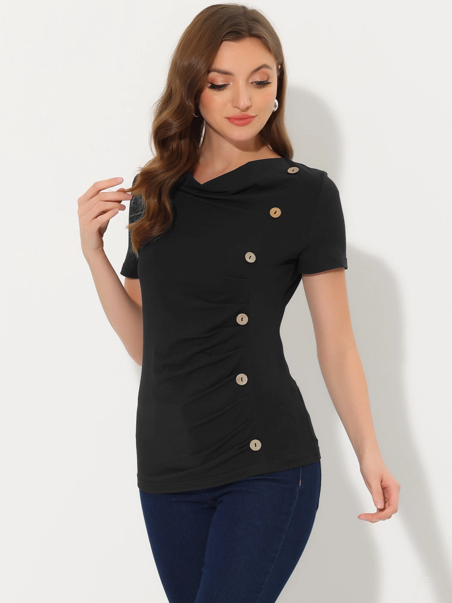 Cowl Neck Short Sleeve Casual Basic Solid Knitted Buttons Decor Ruched Top