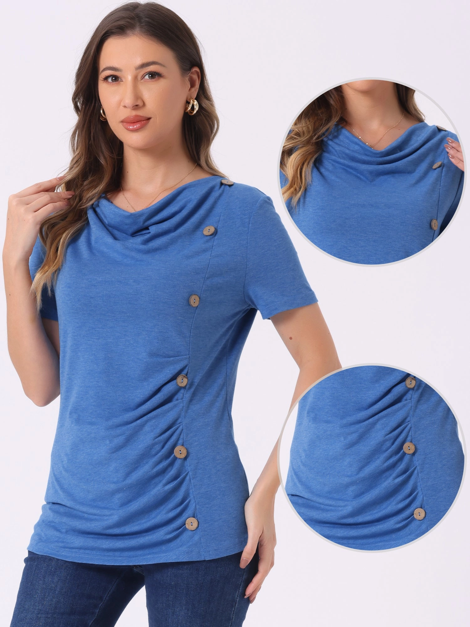 Cowl Neck Short Sleeve Casual Basic Solid Knitted Buttons Decor Ruched Top