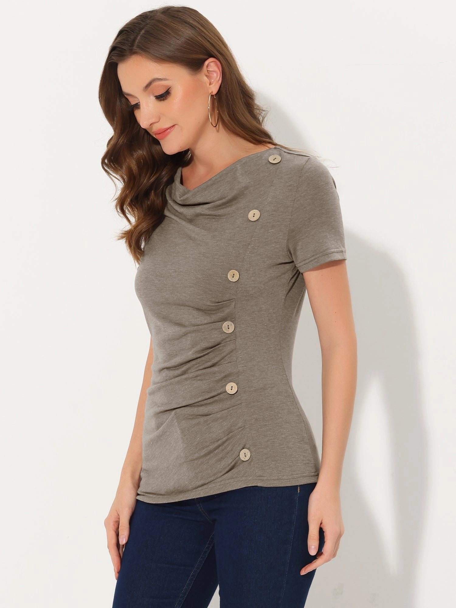 Cowl Neck Short Sleeve Casual Basic Solid Knitted Buttons Decor Ruched Top