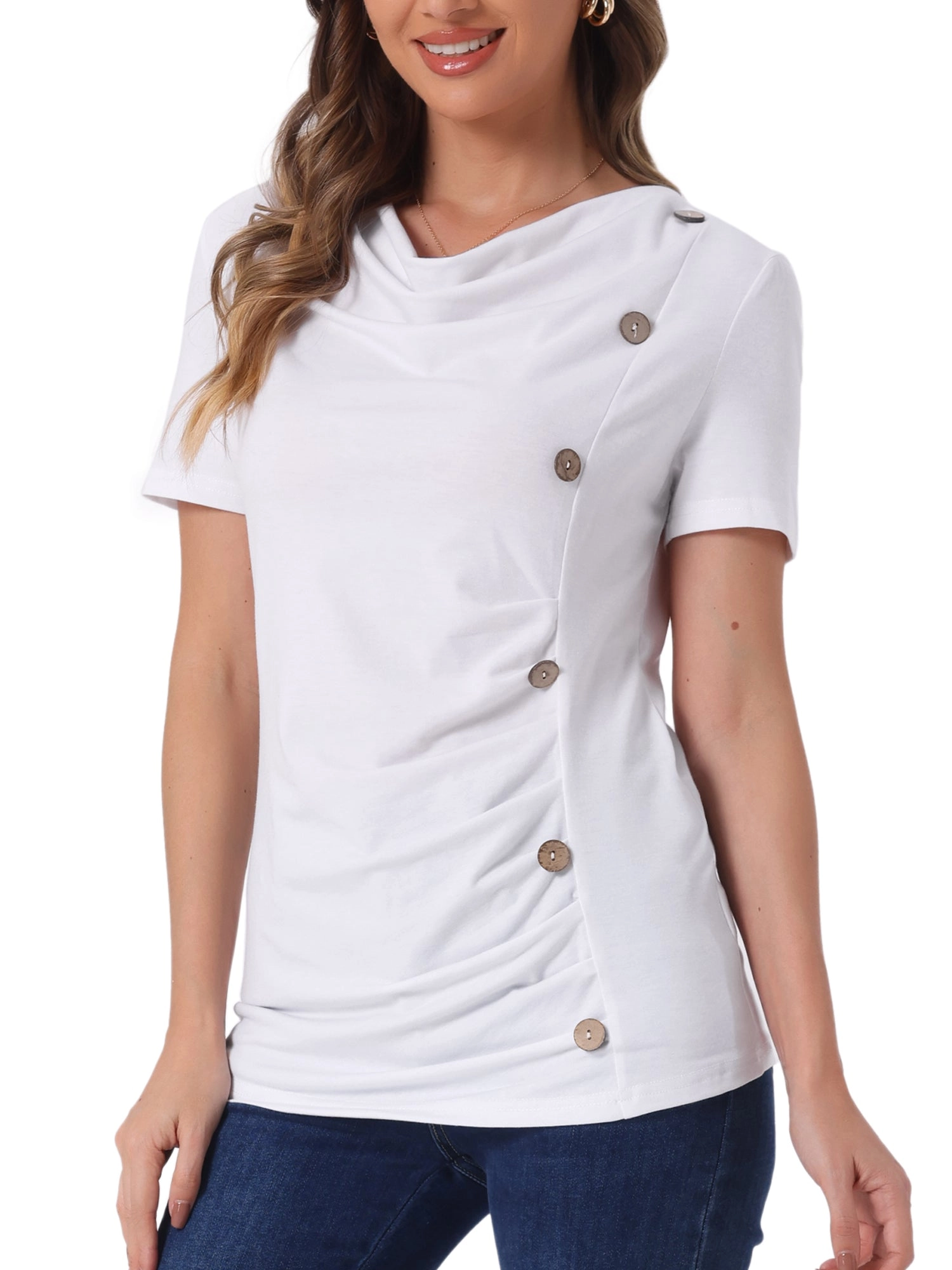 Cowl Neck Short Sleeve Casual Basic Solid Knitted Buttons Decor Ruched Top