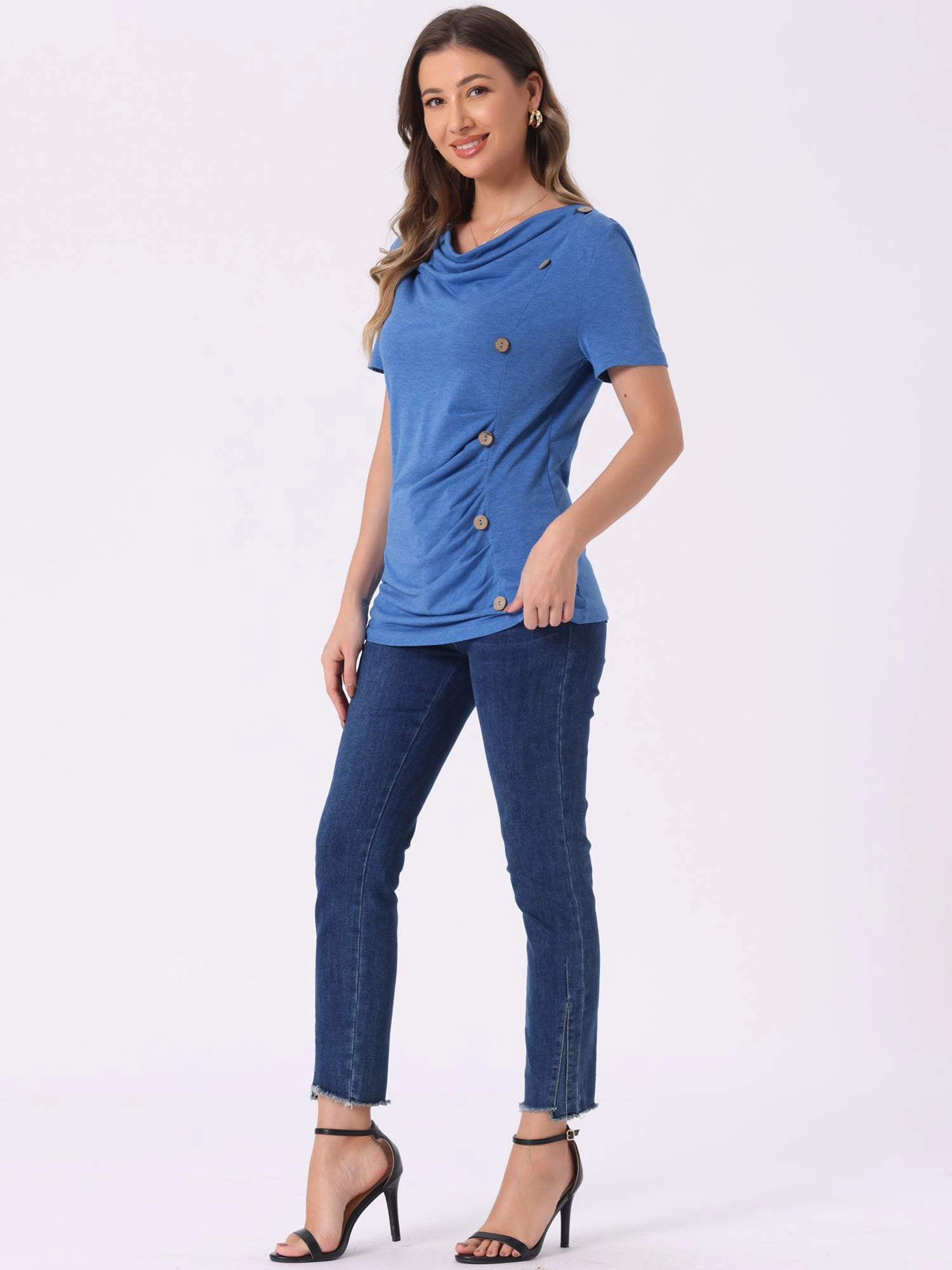 Cowl Neck Short Sleeve Casual Basic Solid Knitted Buttons Decor Ruched Top