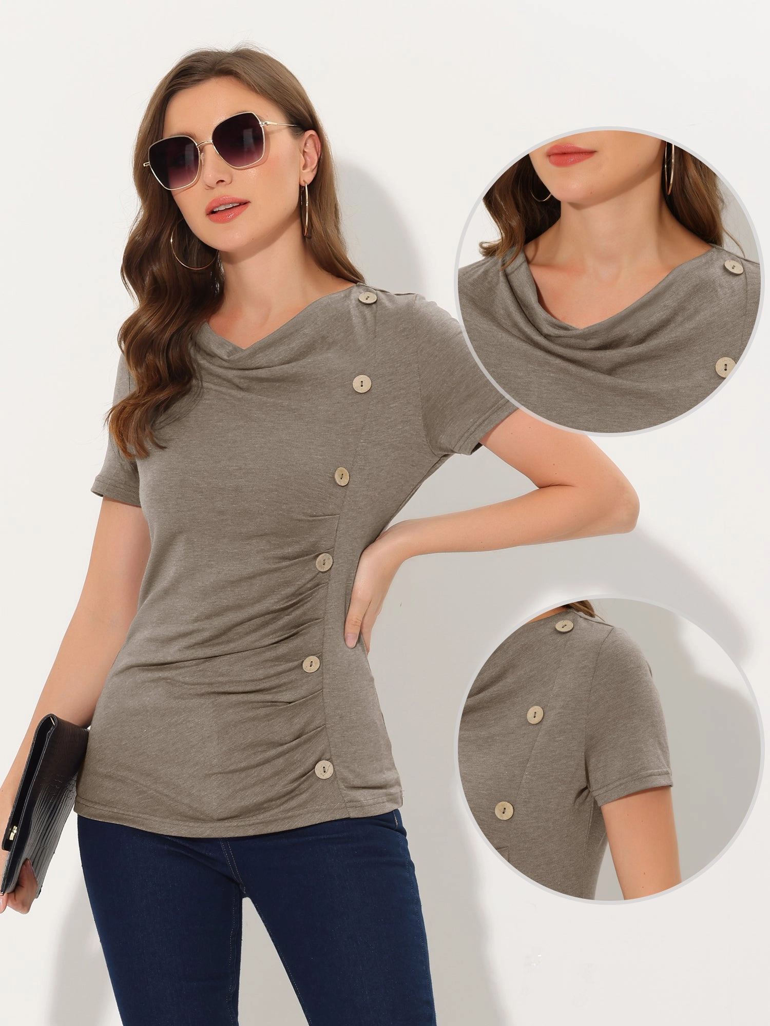 Cowl Neck Short Sleeve Casual Basic Solid Knitted Buttons Decor Ruched Top
