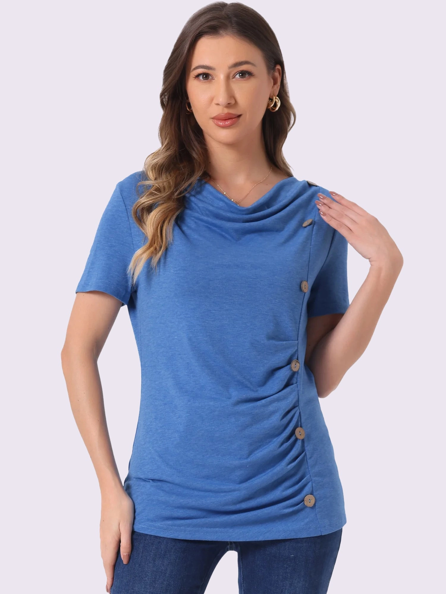 Cowl Neck Short Sleeve Casual Basic Solid Knitted Buttons Decor Ruched Top
