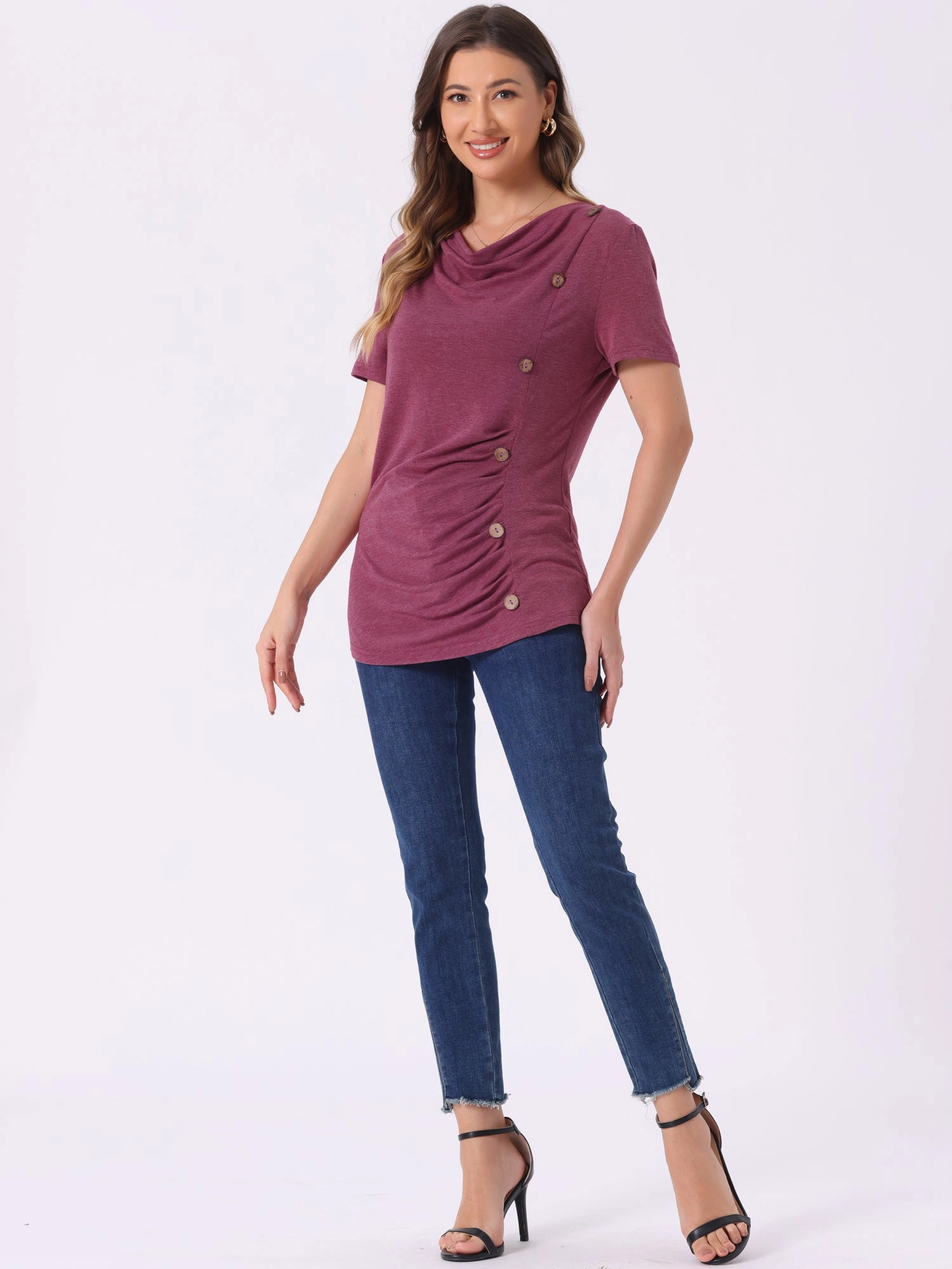 Cowl Neck Short Sleeve Casual Basic Solid Knitted Buttons Decor Ruched Top