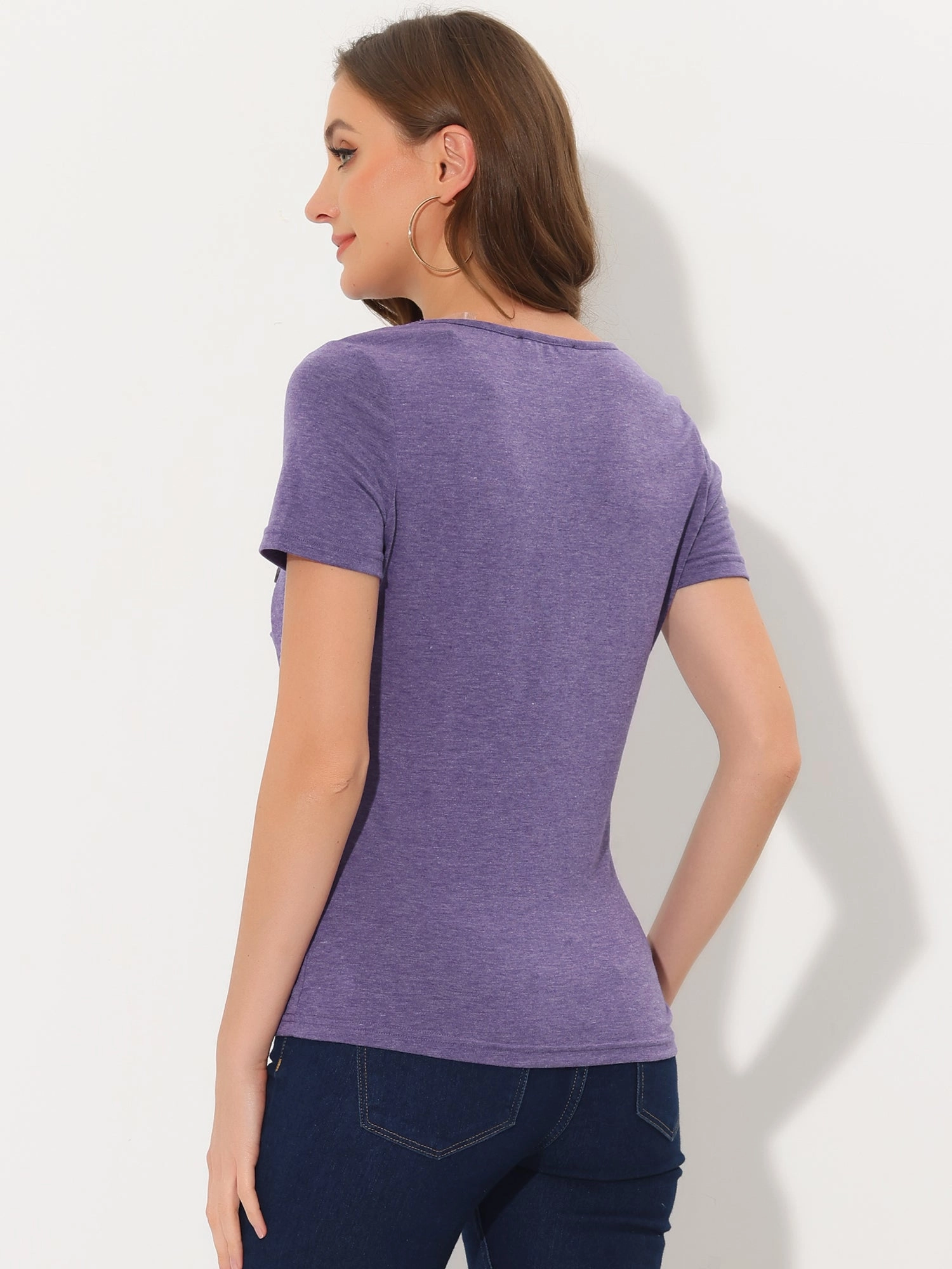 Cowl Neck Short Sleeve Casual Basic Solid Knitted Buttons Decor Ruched Top