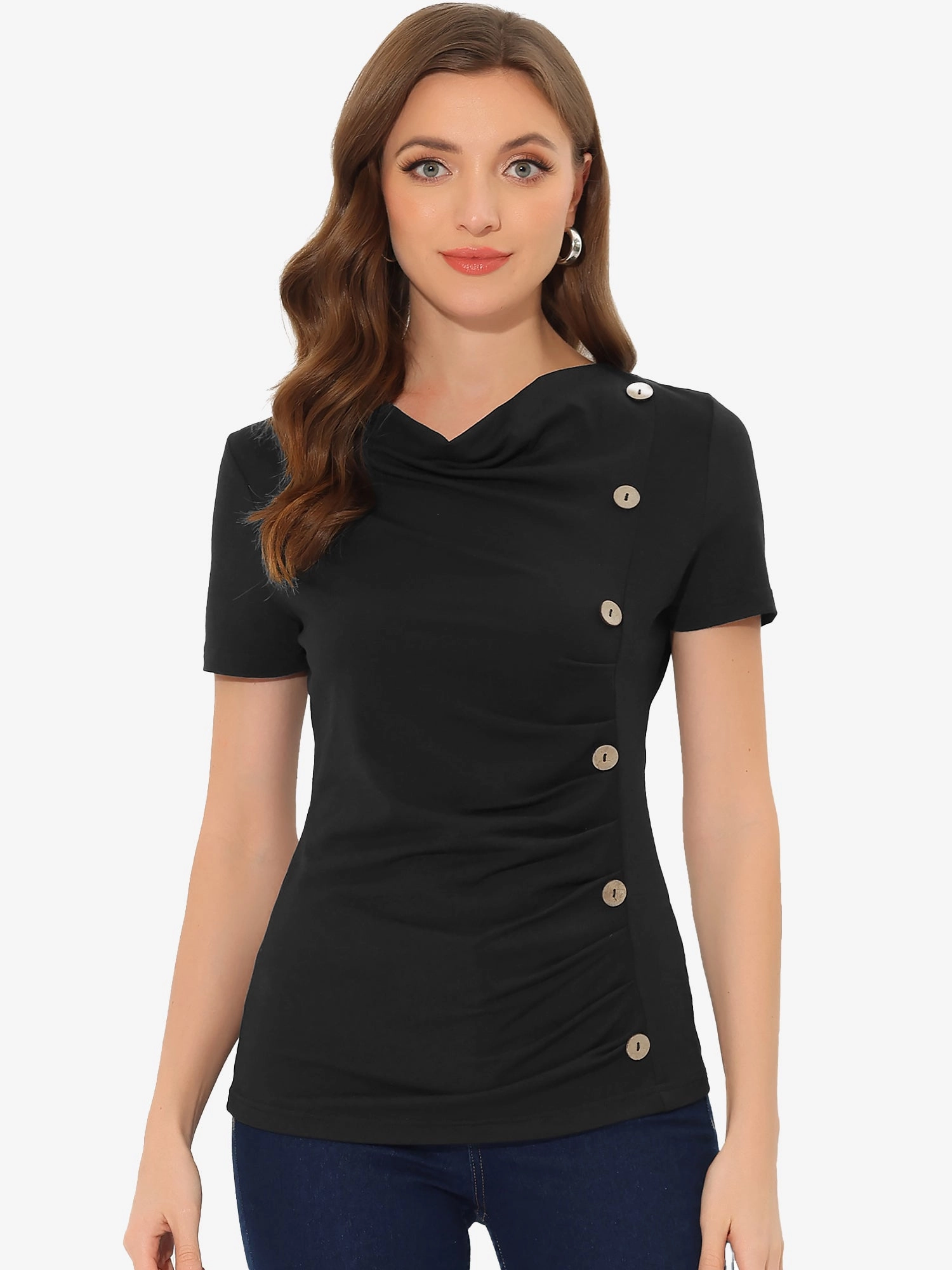 Cowl Neck Short Sleeve Casual Basic Solid Knitted Buttons Decor Ruched Top
