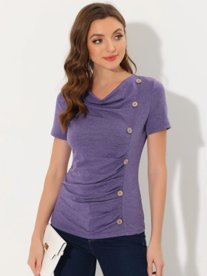 Cowl Neck Short Sleeve Casual Basic Solid Knitted Buttons Decor Ruched Top