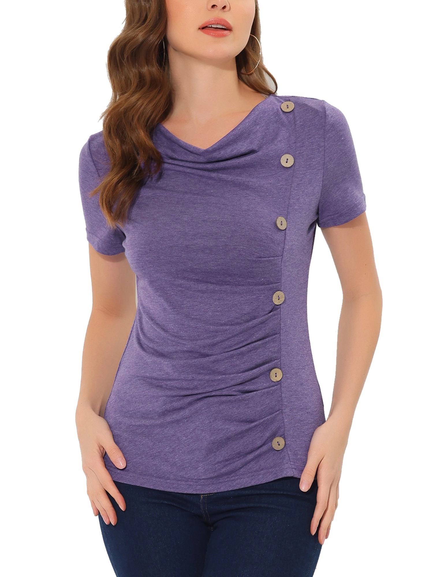 Cowl Neck Short Sleeve Casual Basic Solid Knitted Buttons Decor Ruched Top