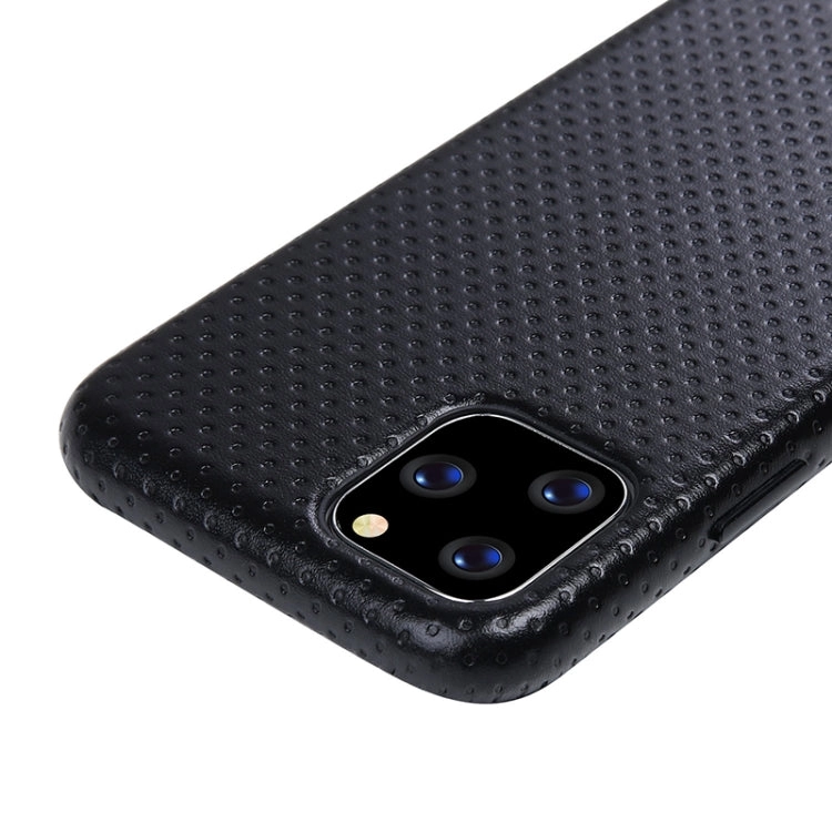 For iPhone 11 Mesh Texture Cowhide Leather Back Cover Semi-wrapped Shockproof Case