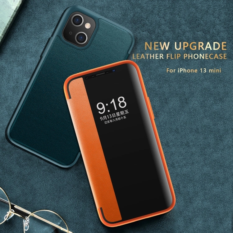 For iPhone 13 Magnetic Side Window View Shockproof Horizontal Flip Leather Case