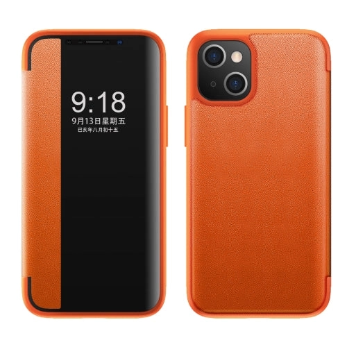 For iPhone 13 Magnetic Side Window View Shockproof Horizontal Flip Leather Case