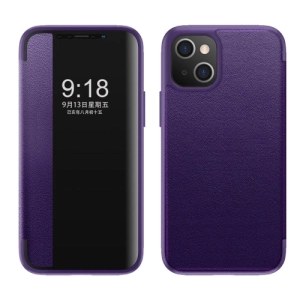 For iPhone 13 Magnetic Side Window View Shockproof Horizontal Flip Leather Case