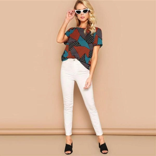 Geometric And Polka-Dot Print Women Tops And Blouses Lady Summer Multicolor Casual Streetwear Basic Blouse Woman Clothes