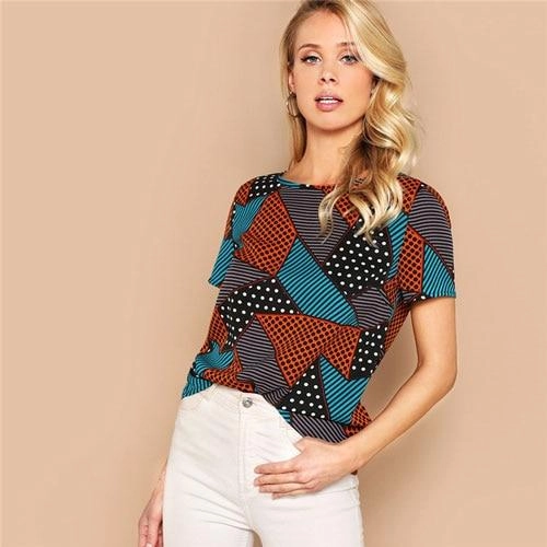Geometric And Polka-Dot Print Women Tops And Blouses Lady Summer Multicolor Casual Streetwear Basic Blouse Woman Clothes