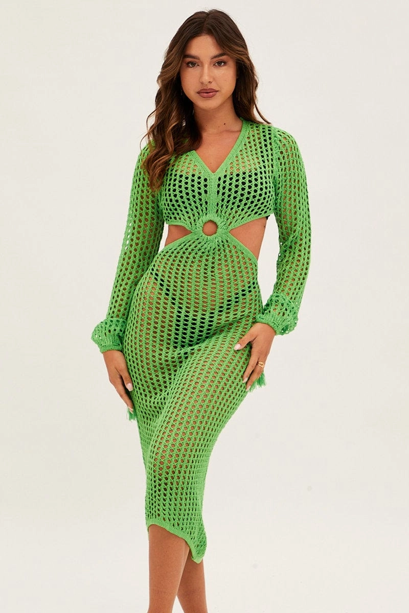 Green Crochet Cutout Knit Dress