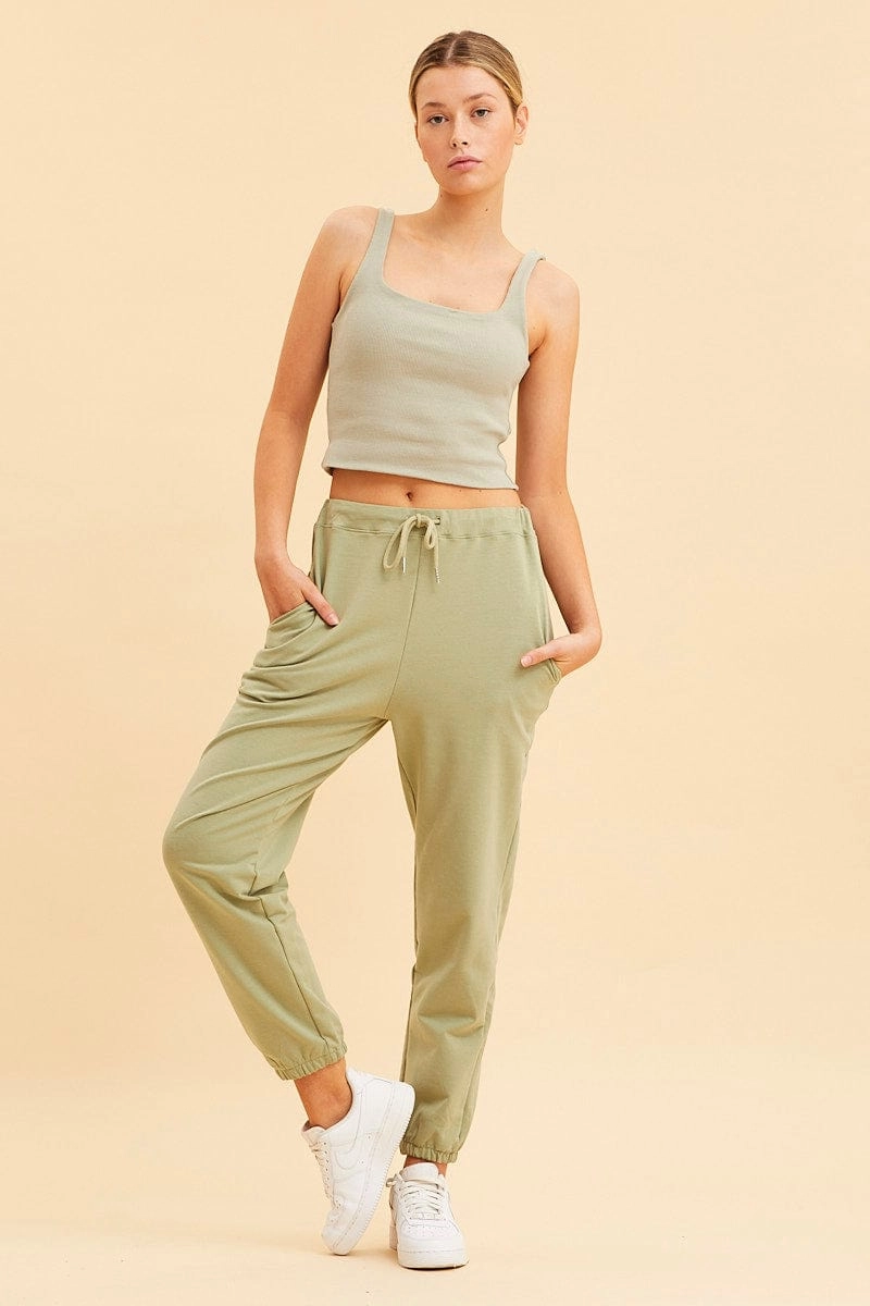 Green Crop Tank Square Neck Cotton Blend Rib