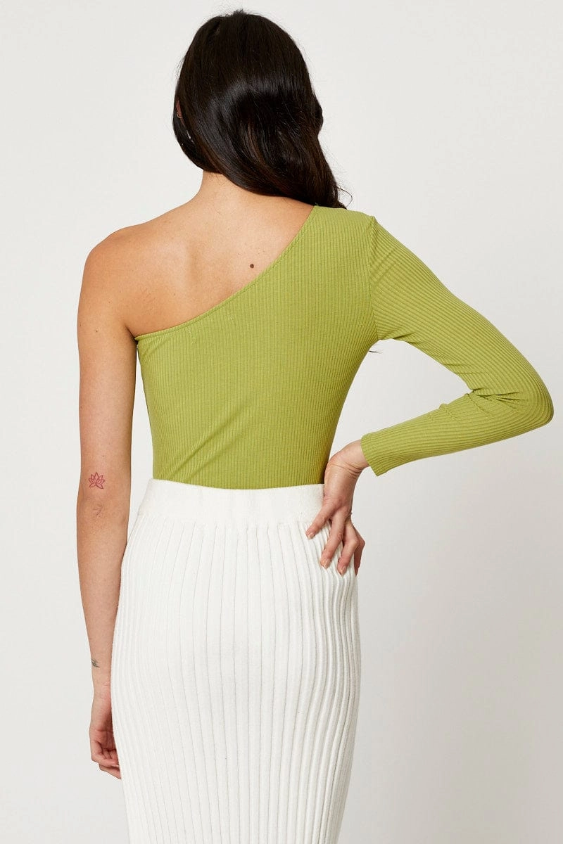 Green One Shoulder Ribbed Top