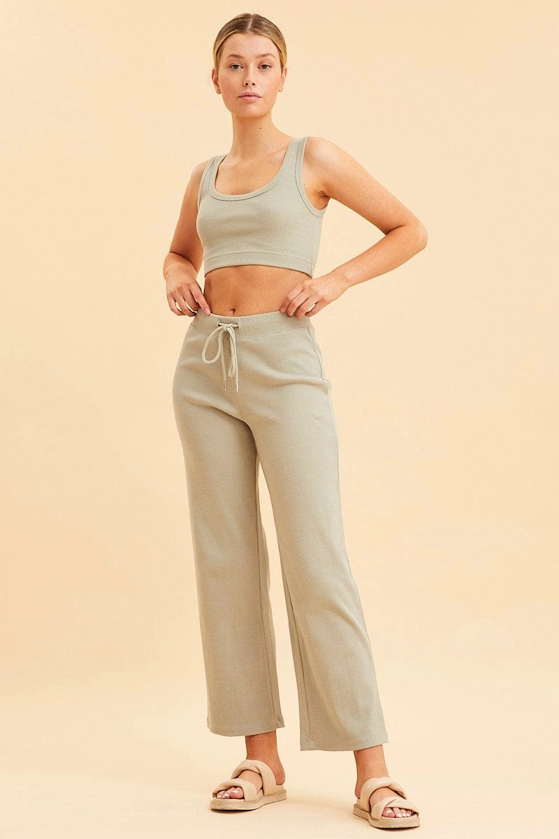 Green Wide Leg Pant Rib Crop Drawstring Waist