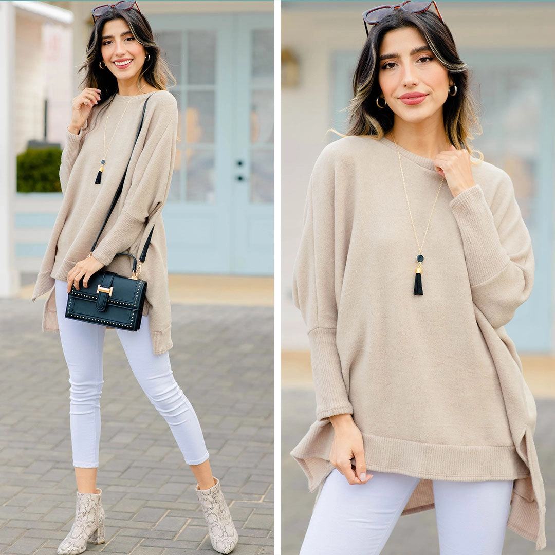 Like I Said Taupe Brown Brushed Knit Poncho Top
