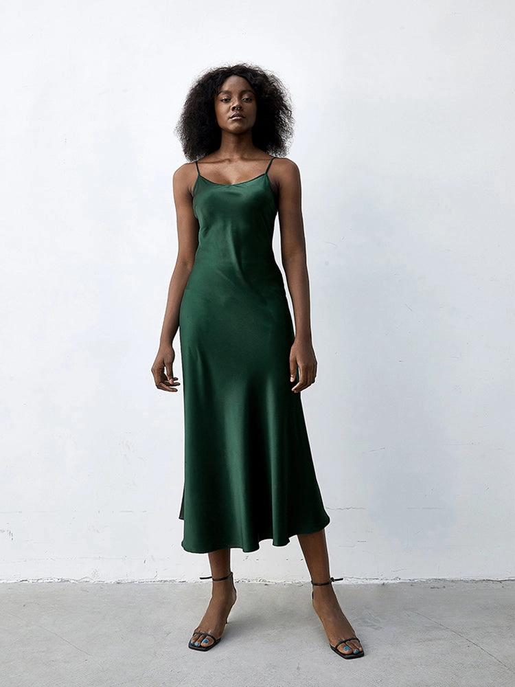 Midnight Sexy Silk Slip Dress Prom Cocktail Midi Dress