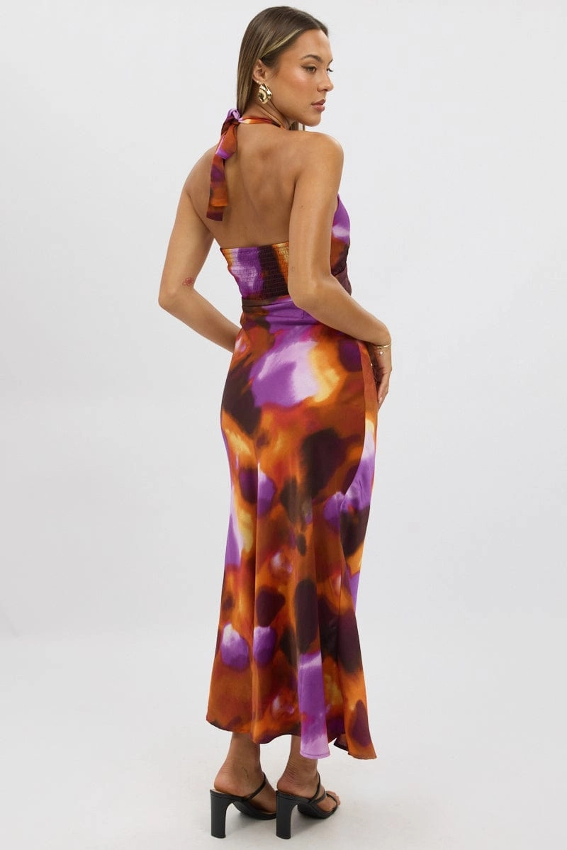 Multi Abstract Halter Neck Dress Midi