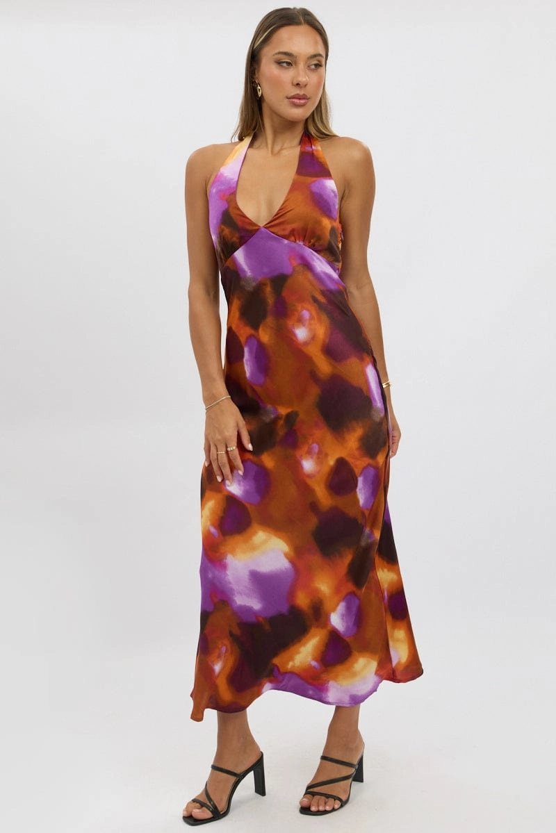 Multi Abstract Halter Neck Dress Midi