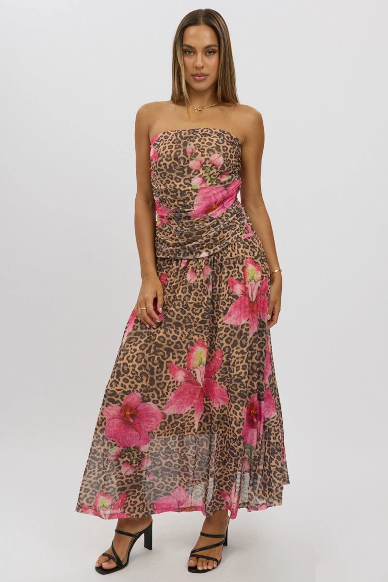 Multi Animal Print Maxi Dress Strapless Drop Waist Mesh