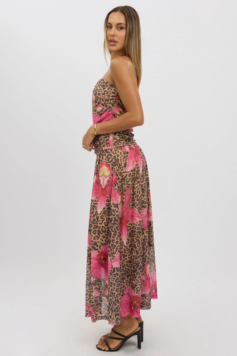 Multi Animal Print Maxi Dress Strapless Drop Waist Mesh