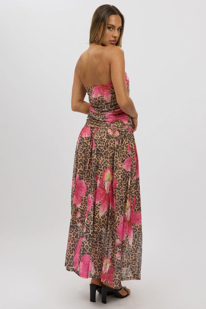 Multi Animal Print Maxi Dress Strapless Drop Waist Mesh