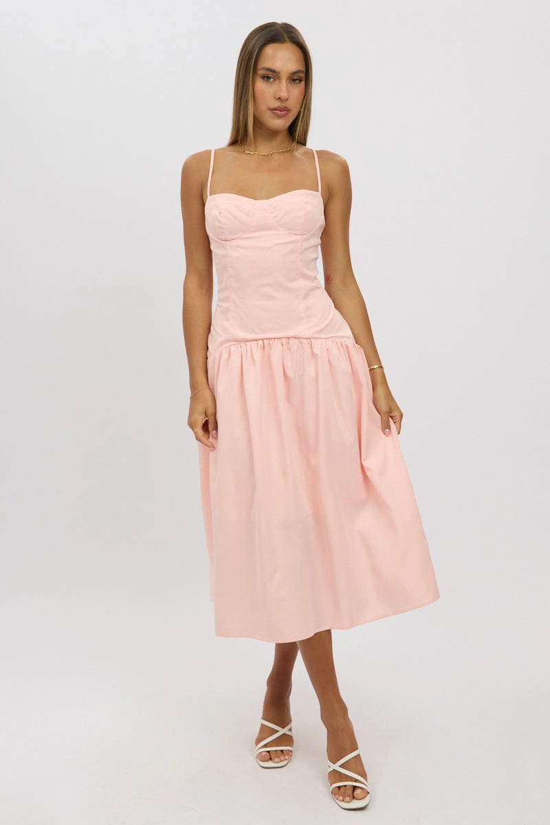 Pink Midi Dress Drop Waist