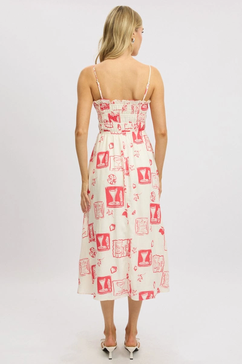 Red Abstract Midi Dress Ribbon Detail Strappy
