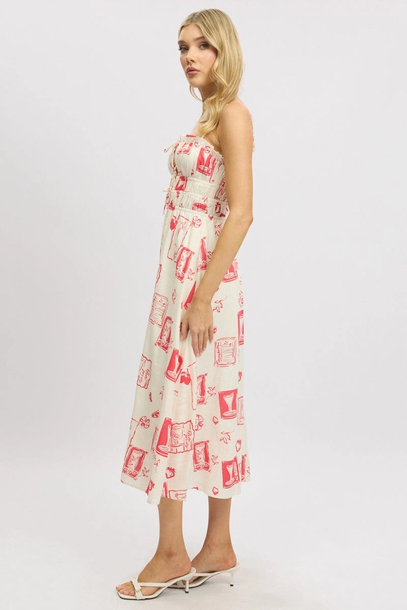 Red Abstract Midi Dress Ribbon Detail Strappy