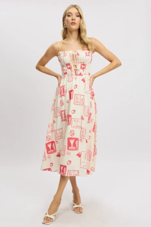 Red Abstract Midi Dress Ribbon Detail Strappy