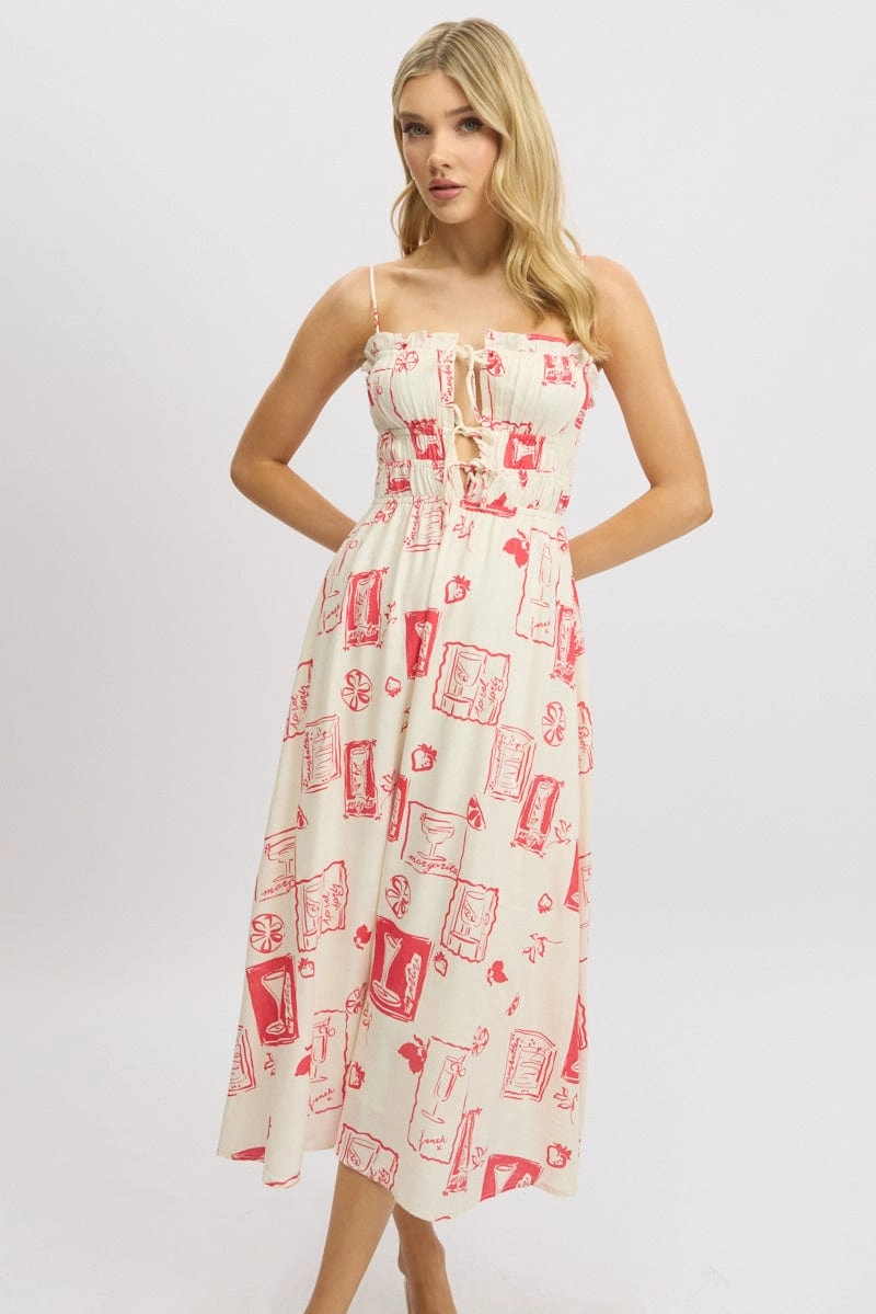 Red Abstract Midi Dress Ribbon Detail Strappy