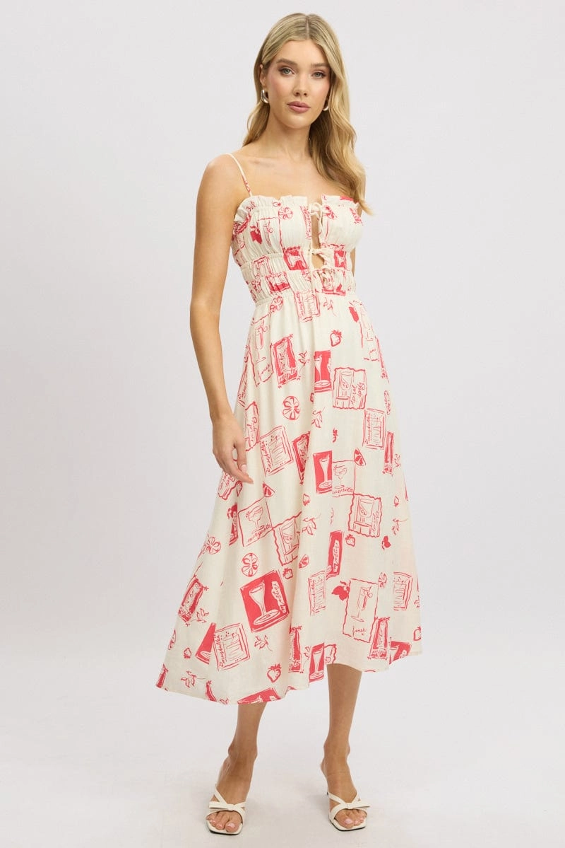 Red Abstract Midi Dress Ribbon Detail Strappy