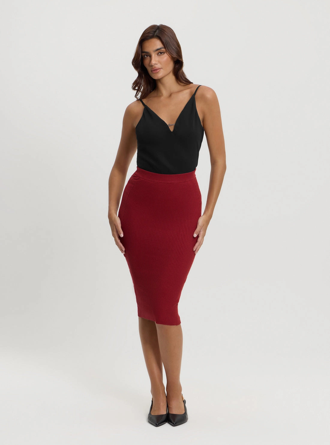 Red Katelyn Midi Knit Skirt