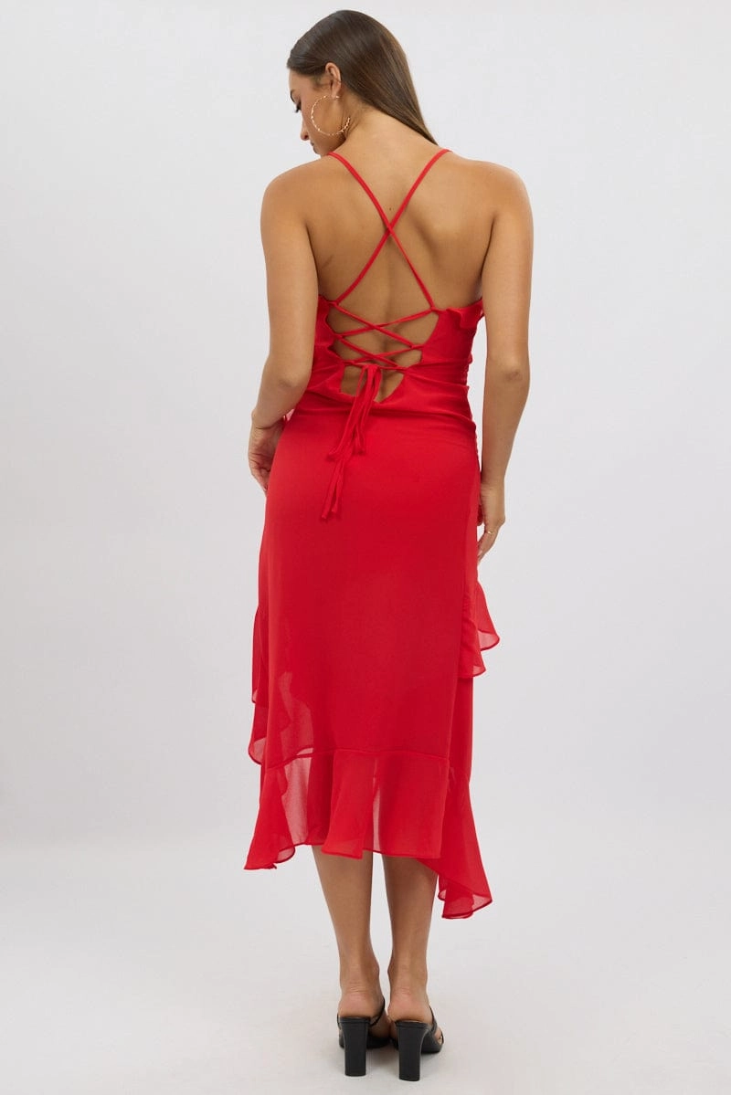 Red Midi Dress Ruffle Detail