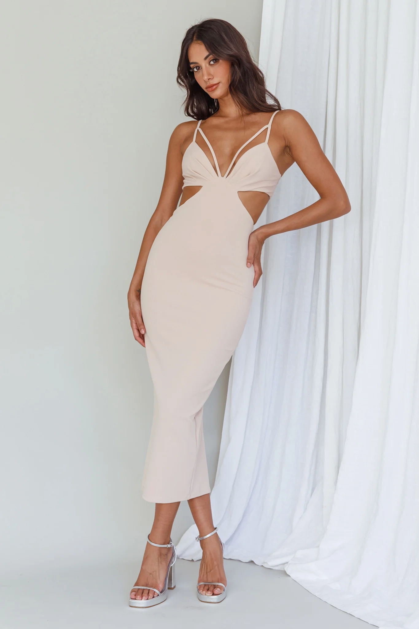 Sarita String Bust Midi Dress Beige