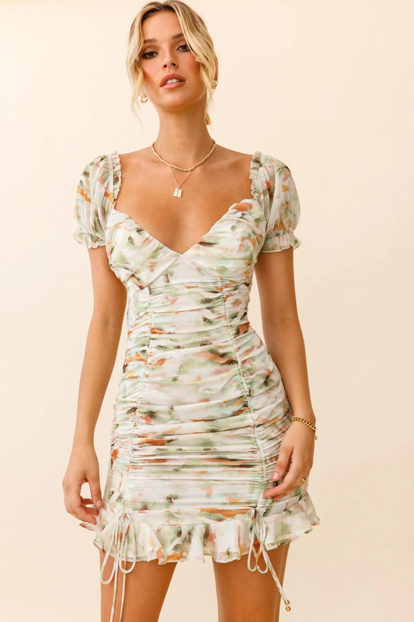 Serena Puff Sleeve Ruched Detail Dress Watercolor Print Green