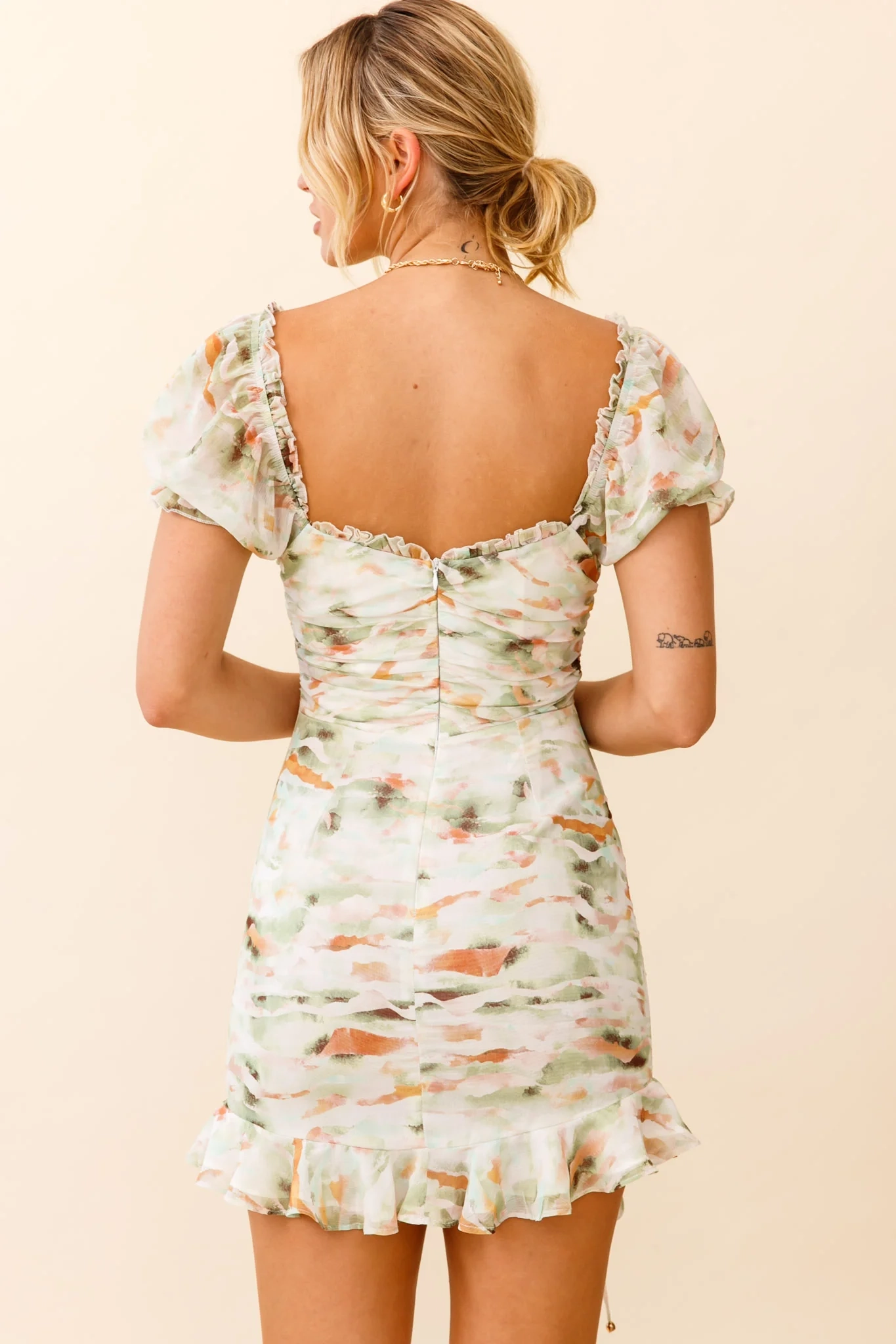 Serena Puff Sleeve Ruched Detail Dress Watercolor Print Green