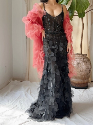 Vintage Organza Coral Ruche Shawl - OSFA